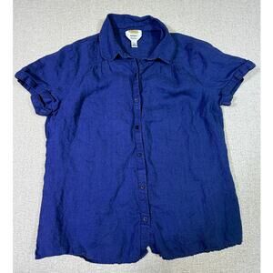 Talbots Women Large Navy Blue Irish Linen Button Front Cap Sleeve Blouse Chic